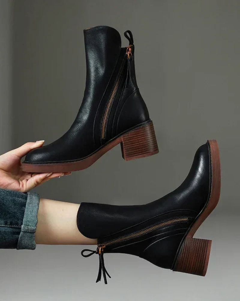Valerie™ | Black Leather Boot with a Comfortable Heel