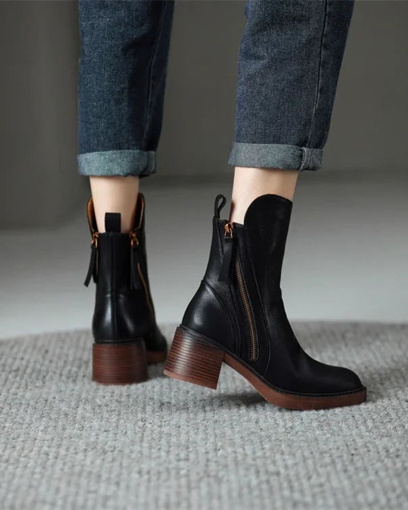 Valerie™ | Black Leather Boot with a Comfortable Heel