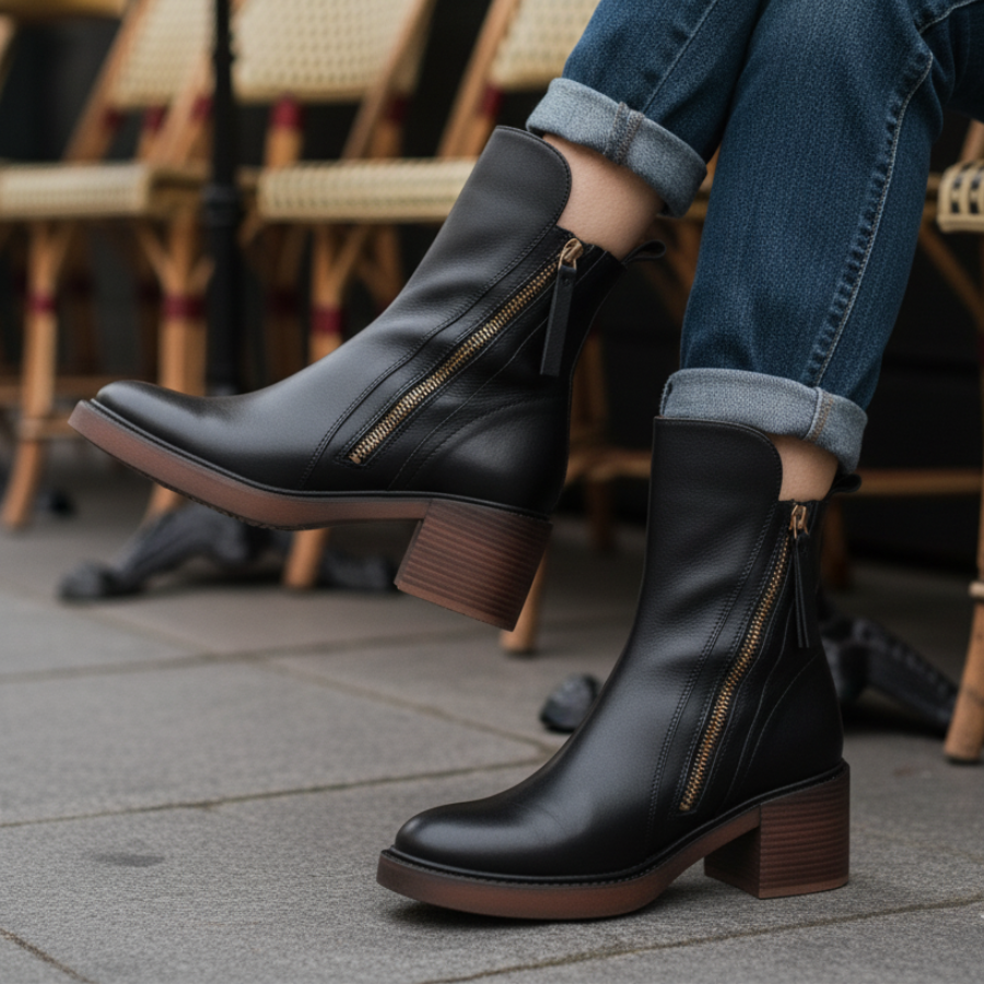 Valerie™ | Black Leather Boot with a Comfortable Heel
