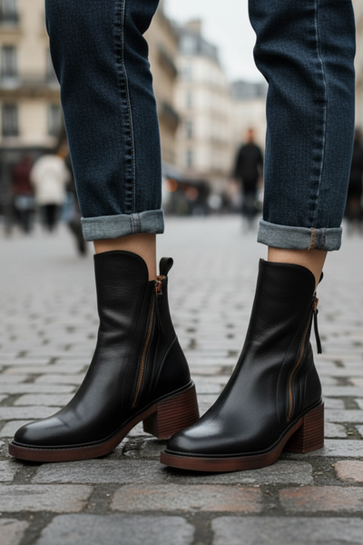 Valerie™ | Black Leather Boot with a Comfortable Heel