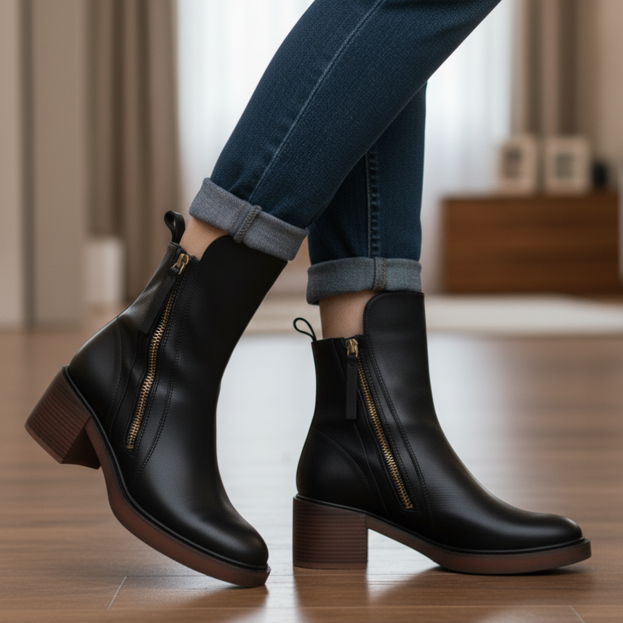 Valerie™ | Black Leather Boot with a Comfortable Heel