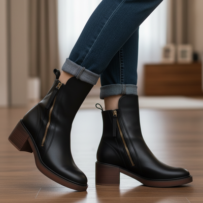 Valerie™ | Black Leather Boot with a Comfortable Heel