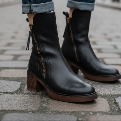 Valerie™ | Black Leather Boot with a Comfortable Heel